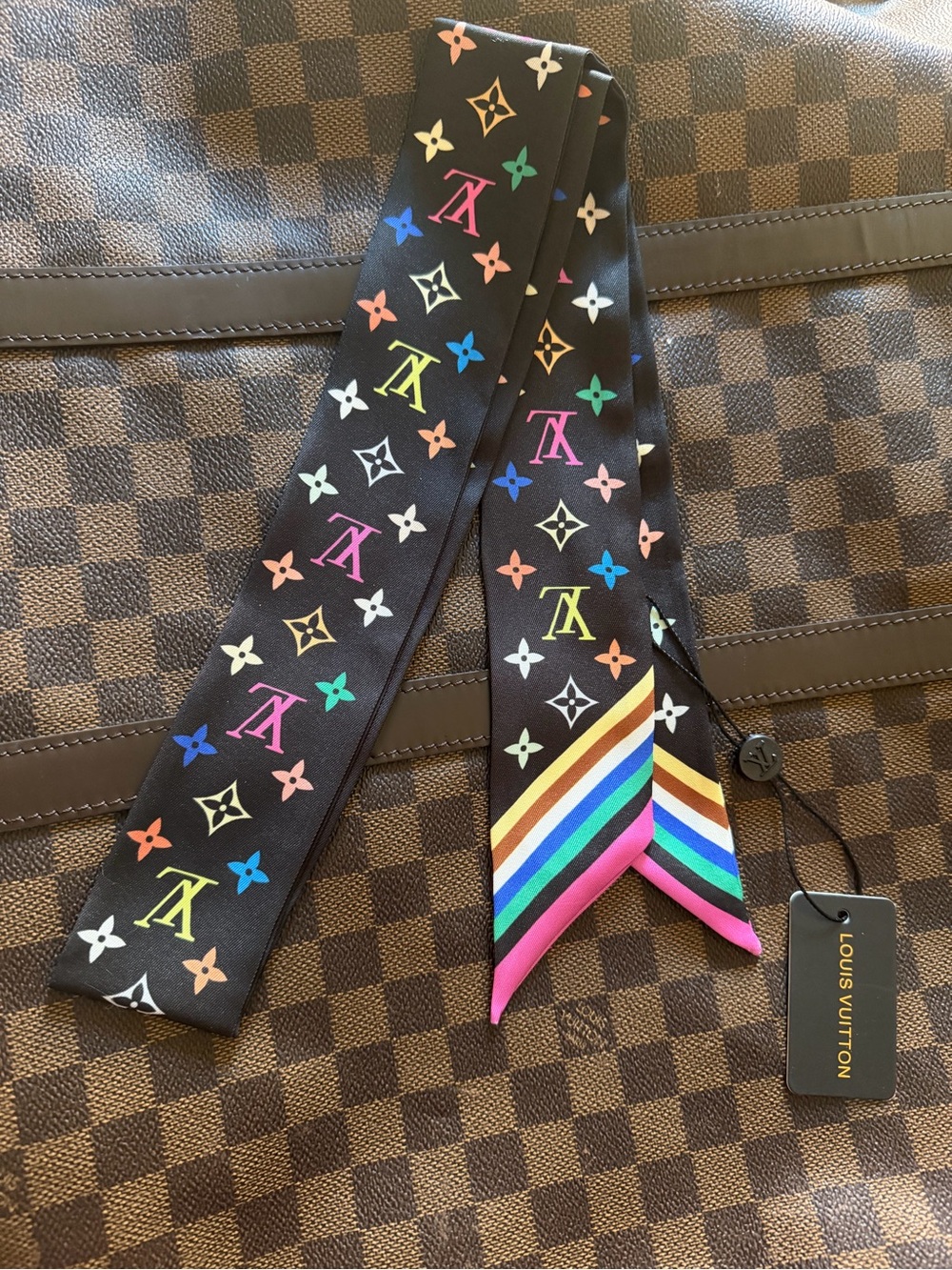Fashion Black Multicolor Monogram Silk Twilly Scarf